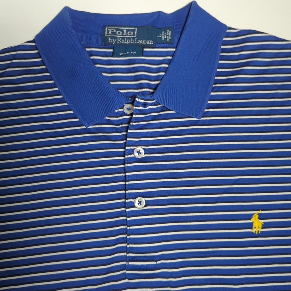 Vtg Ralph Lauren Polo Golf Shirt Mens L Blue Striped Pony Short Sleeve Preppy